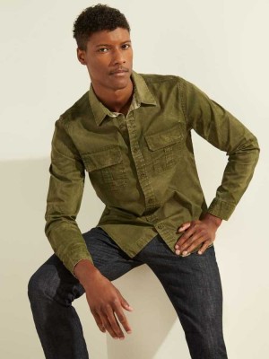 Chemises Guess Dusty Twill Washed Milton Homme Vert Foncé Multicolore | 84267-WDFE