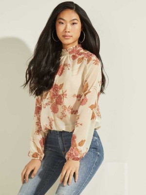 Chemisier Guess Floral Puff Sleeve Femme Rose Fleur | 38972-NICK