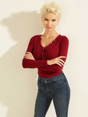 Hauts Guess Rhinestone Logo Henley Femme Rouge | 67485-FRMG