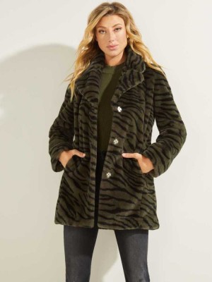 Manteaux Guess Federica Faux-Fur Femme Vert Noir | 04527-JFQP