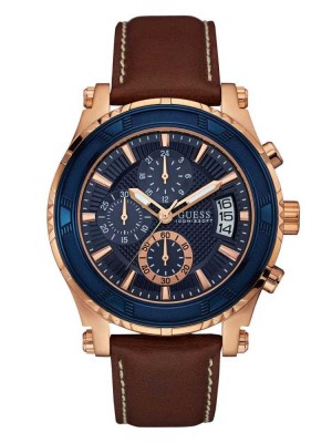 Montre Guess Brown and Rose Gold-Tone Cuir Sport Homme Bleu Marron | 48235-ZDCT