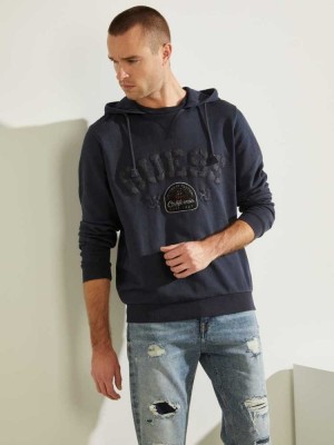 Sweat a Capuche Guess Eco Murray Logo Homme Bleu Foncé | 21405-KZSY