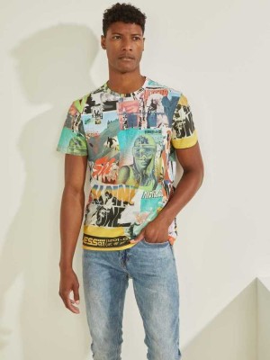 T Shirts Guess Collage Poster Homme Blanche Multicolore | 04238-DQAE