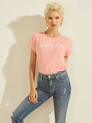 T Shirts Guess Eco 1981 Rolled Cuff Logo Femme Rose | 41630-PCVI