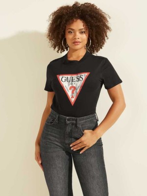 T Shirts Guess Eco Classiche Logo Femme Noir | 92817-ZMQP