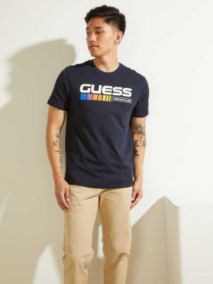 T Shirts Guess Eco Race Club Homme Bleu Foncé | 52946-ZXJP