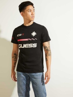 T Shirts Guess Eco Racer Logo Homme Noir | 19238-PGYD