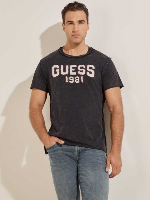 T Shirts Guess Eco Raw Patchwork Logo Homme Bleu Foncé | 97180-UGTF