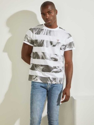 T Shirts Guess Eco Rayé Photo Homme Blanche | 85069-RYSC