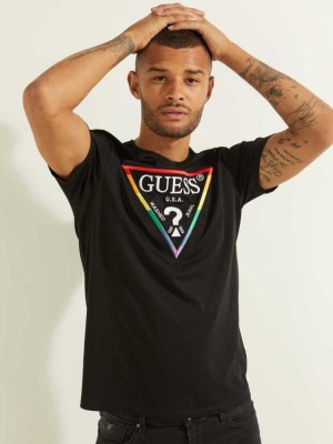 T Shirts Guess Embroidered Rainbow Logo Homme Noir | 72801-XEIN