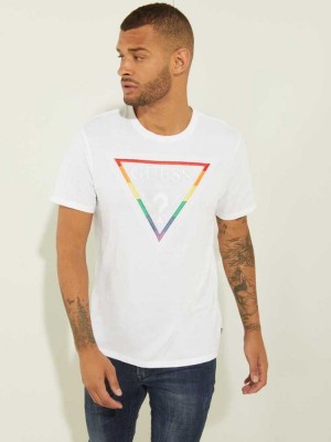 T Shirts Guess Embroidered Rainbow Logo Homme Blanche Multicolore | 26154-CGZF