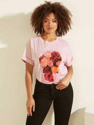 T Shirts Guess Ermin Rose Logo Femme Rose | 71689-ZNKX