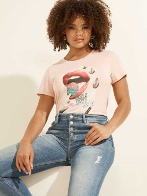 T Shirts Guess Lip Glitter Pop Easy Femme Rose | 20198-IRUA