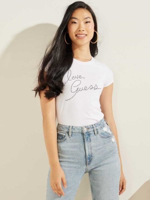 T Shirts Guess Love Rhinestone Femme Blanche | 34690-GBLF