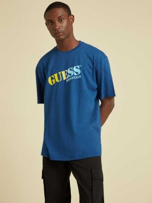 T Shirts Guess Originale Ombre Logo Homme Bleu | 68124-ETVX