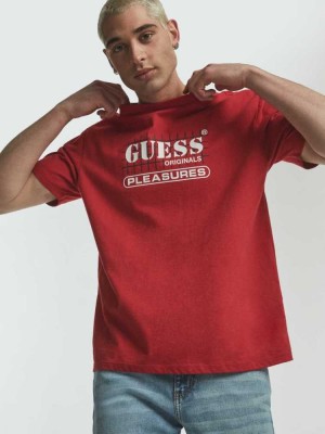 T Shirts Guess Originale x PLEASURES Logo Homme Rouge | 12697-FVKR