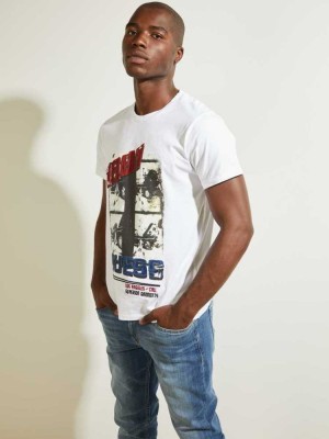 T Shirts Guess Photographic Car Homme Blanche | 98256-TKLV