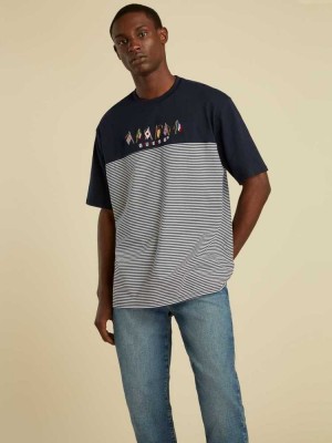 T Shirts Guess Rayé Summer Games Homme Bleu | 90634-KQUT