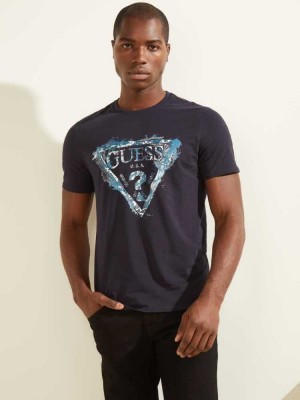 T Shirts Guess Splash Homme Bleu Foncé | 20485-TDMV