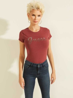 T Shirts Guess Split Script Logo Femme Bordeaux | 52761-YATI