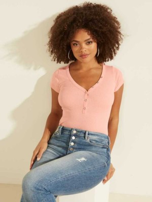 T Shirts Guess V-Neck Henley Femme Rose | 89027-QPRY