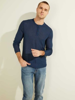 T Shirts Guess Warehouse Long-Sleeve Henley Homme Bleu | 71854-RYKP