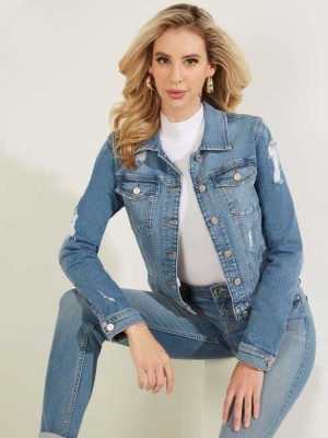 Vestes Guess Destroyed Denim Trucker Femme Lavage | 98325-FACE