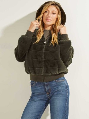 Vestes Guess Felicia Faux-Fur Bomber Femme Vert Multicolore | 61847-PWDQ