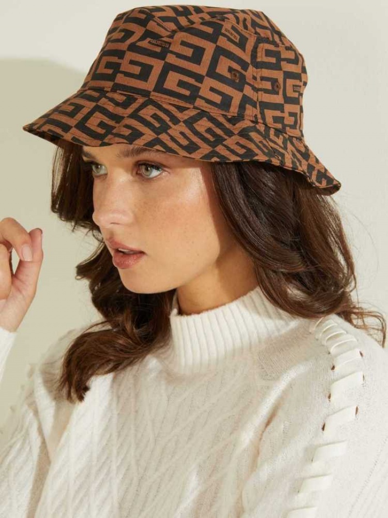 Chapeaux Guess G Checker Logo Bucket Femme Marron | 74605-WUFV