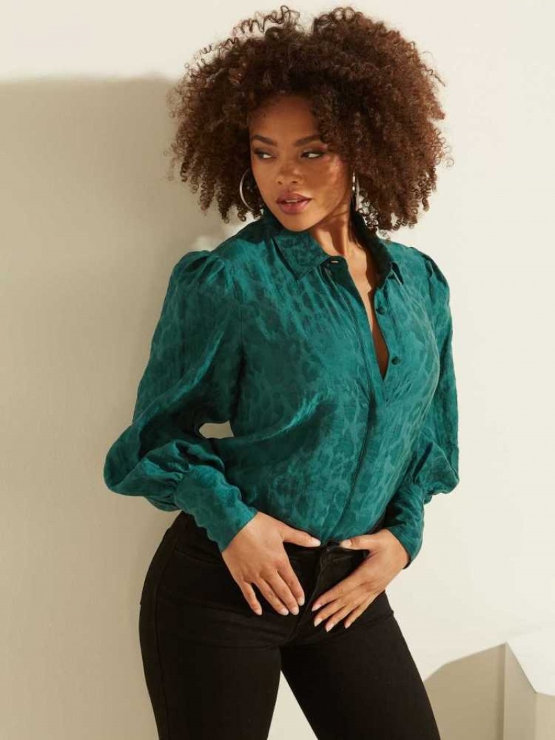 Chemises Guess Raven Button-Up Femme Vert | 38297-PVFW