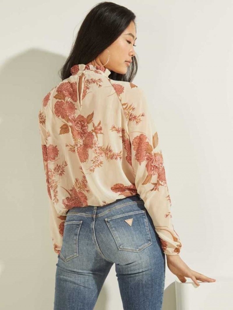 Chemisier Guess Floral Puff Sleeve Femme Rose Fleur | 38972-NICK