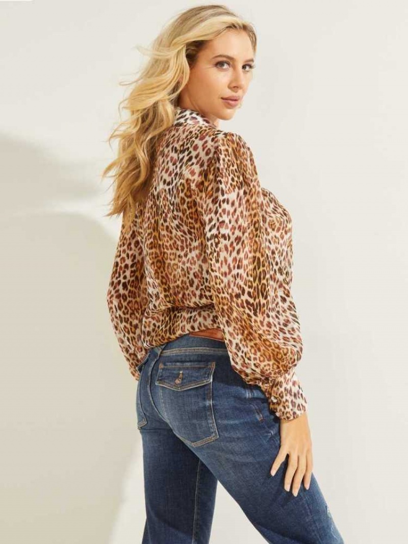 Chemisier Guess Yora Sheer Femme Leopard | 65187-RZDU