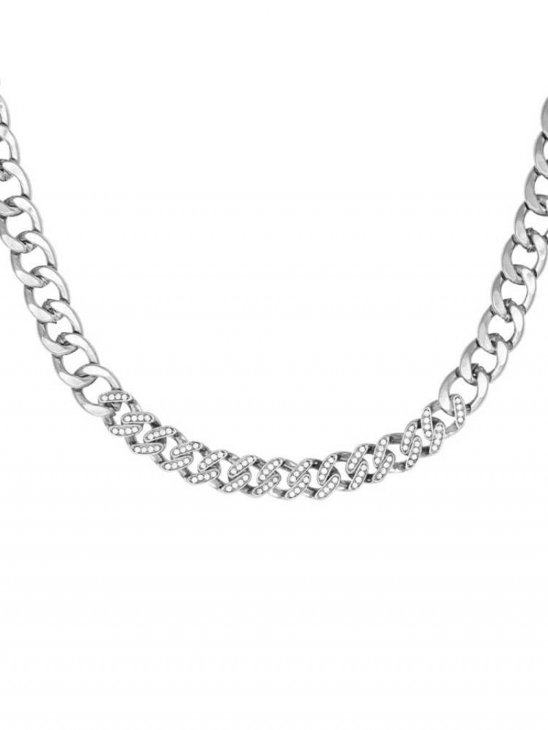 Collier Guess Silver-Tone Rhinestone Chain Neckline Femme Argent | 38946-RXOV