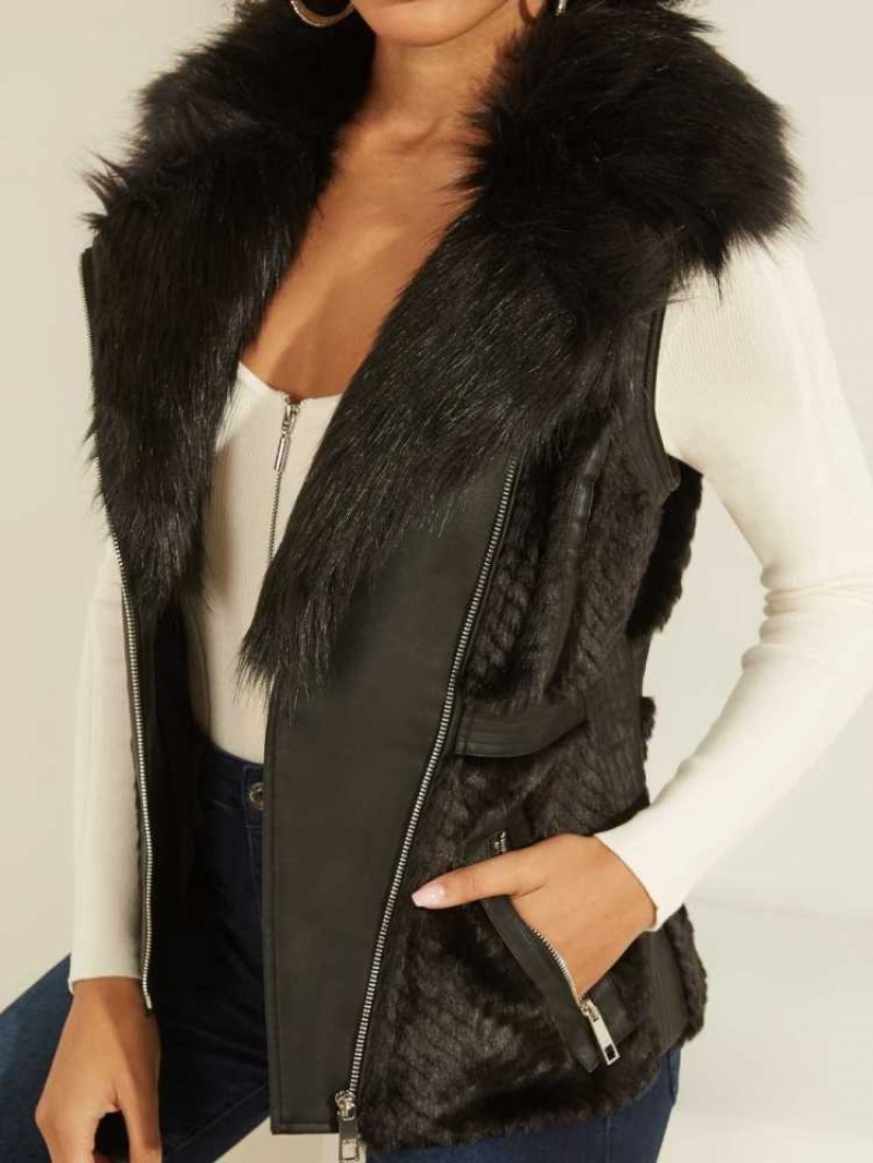 Gilet Guess Faux-Fur Moto Femme Noir Multicolore | 83247-GTZF