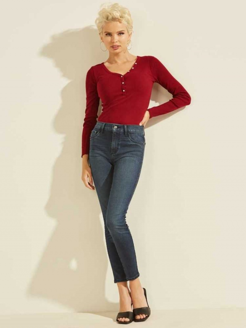 Hauts Guess Rhinestone Logo Henley Femme Rouge | 67485-FRMG