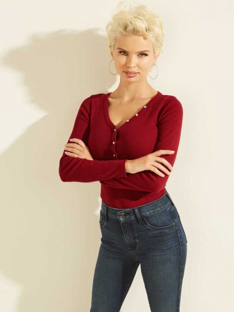 Hauts Guess Rhinestone Logo Henley Femme Rouge | 67485-FRMG