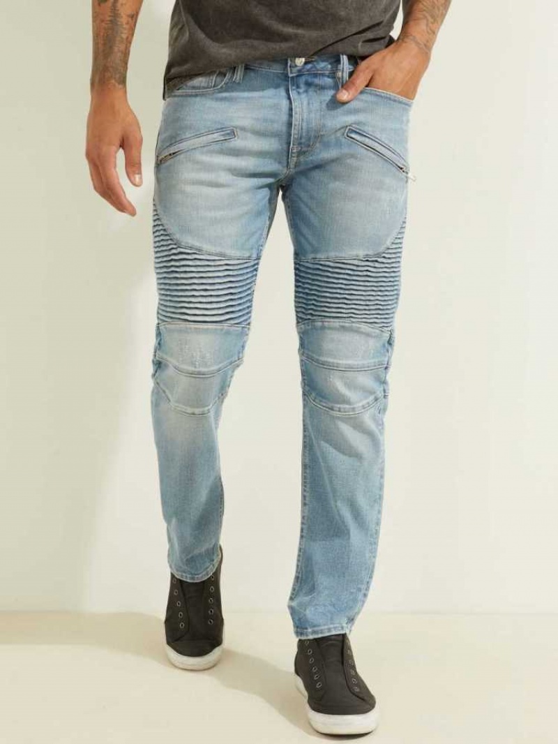 Jean Guess Slim Tapered Pintuck Moto Homme Bleu Blanche | 29471-OUQD