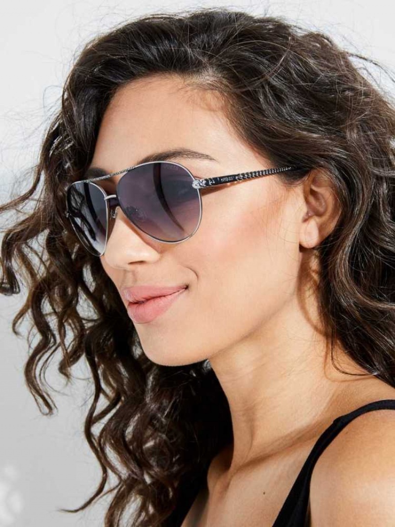 Lunette de Soleil Guess Catherine Rhinestone Aviator Femme Argent | 52713-KGOW