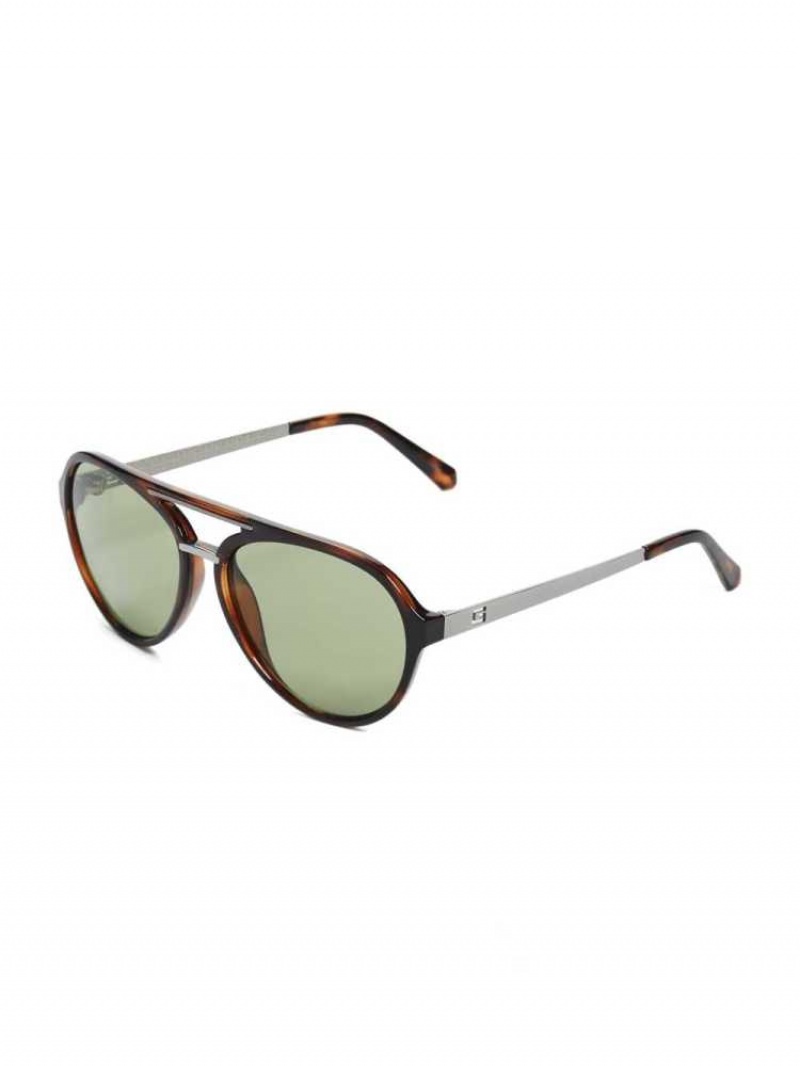 Lunette de Soleil Guess Samuel Logo Aviator Homme Noir Vert Clair | 59103-YNVT