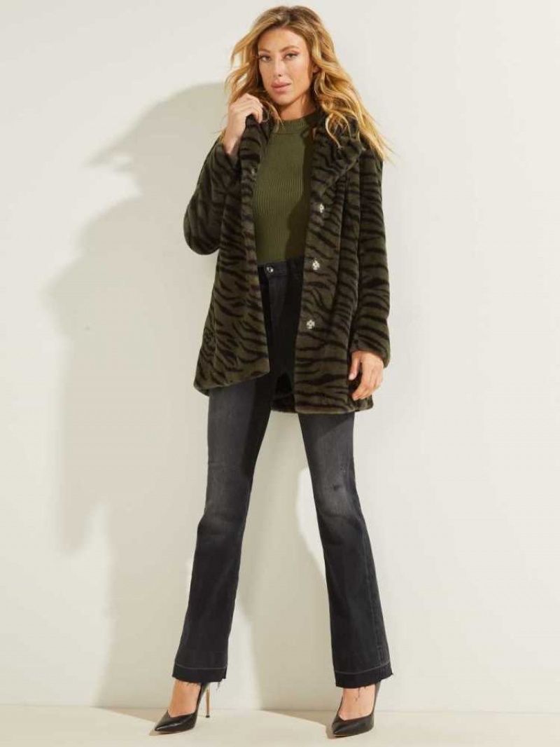 Manteaux Guess Federica Faux-Fur Femme Vert Noir | 04527-JFQP