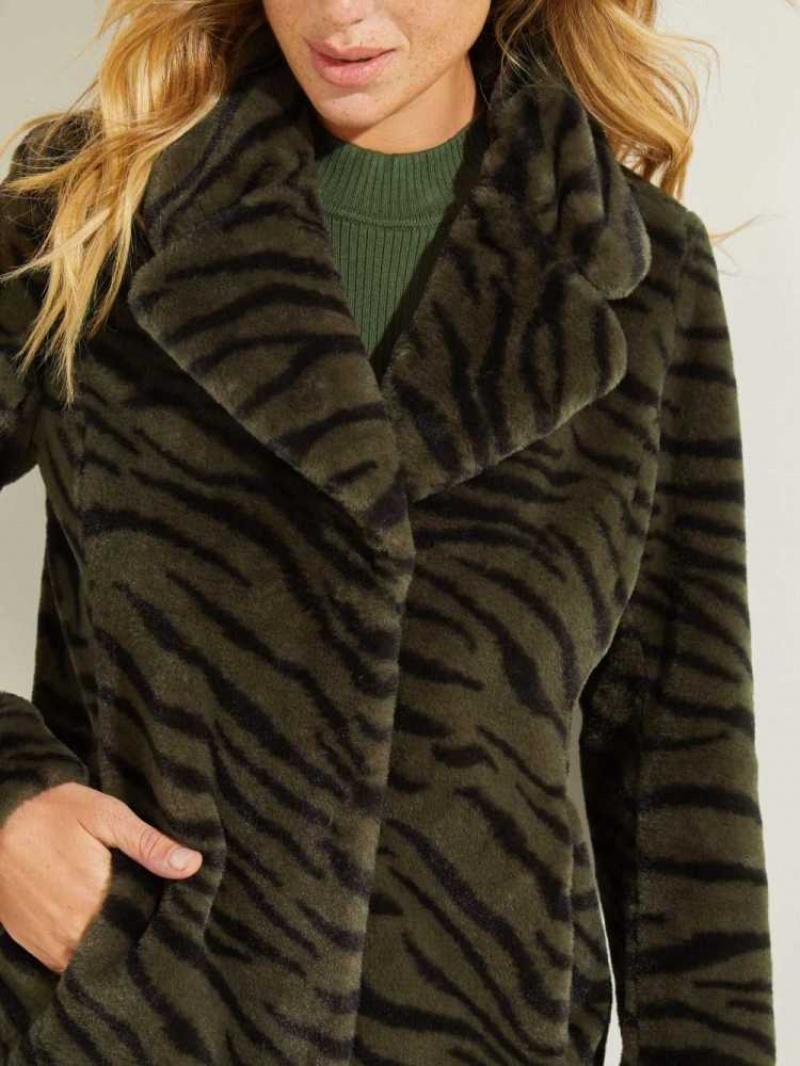 Manteaux Guess Federica Faux-Fur Femme Vert Noir | 04527-JFQP