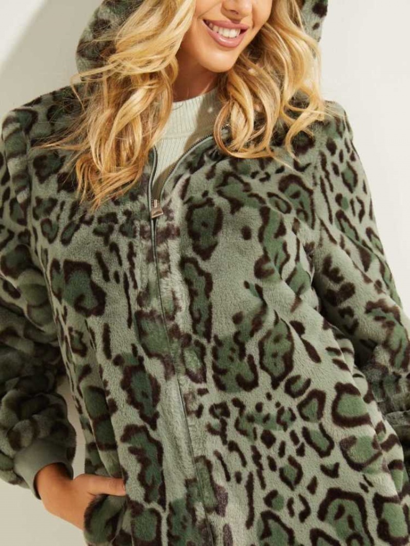 Manteaux Guess Fernanda Leopard Faux-Fur Femme Vert Vert Olive | 84305-OQVR