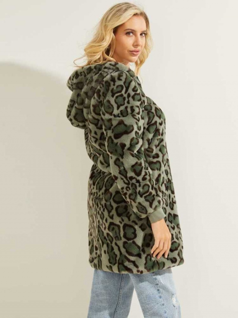 Manteaux Guess Fernanda Leopard Faux-Fur Femme Vert Vert Olive | 84305-OQVR