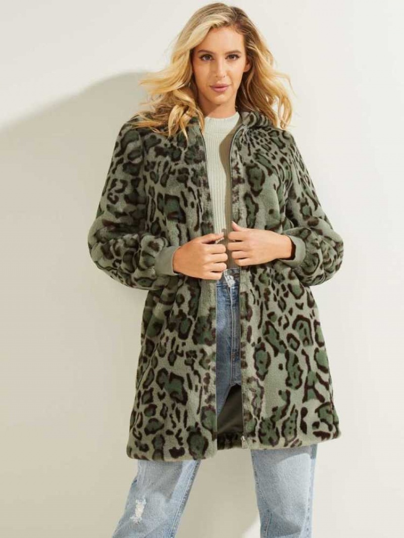 Manteaux Guess Fernanda Leopard Faux-Fur Femme Vert Vert Olive | 84305-OQVR