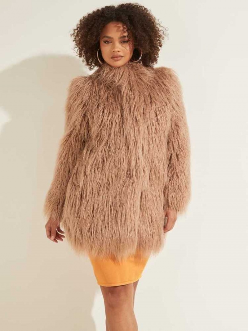 Manteaux Guess Maurizia Shaggy Faux-Fur Femme Cafe Clair | 93015-XQEU