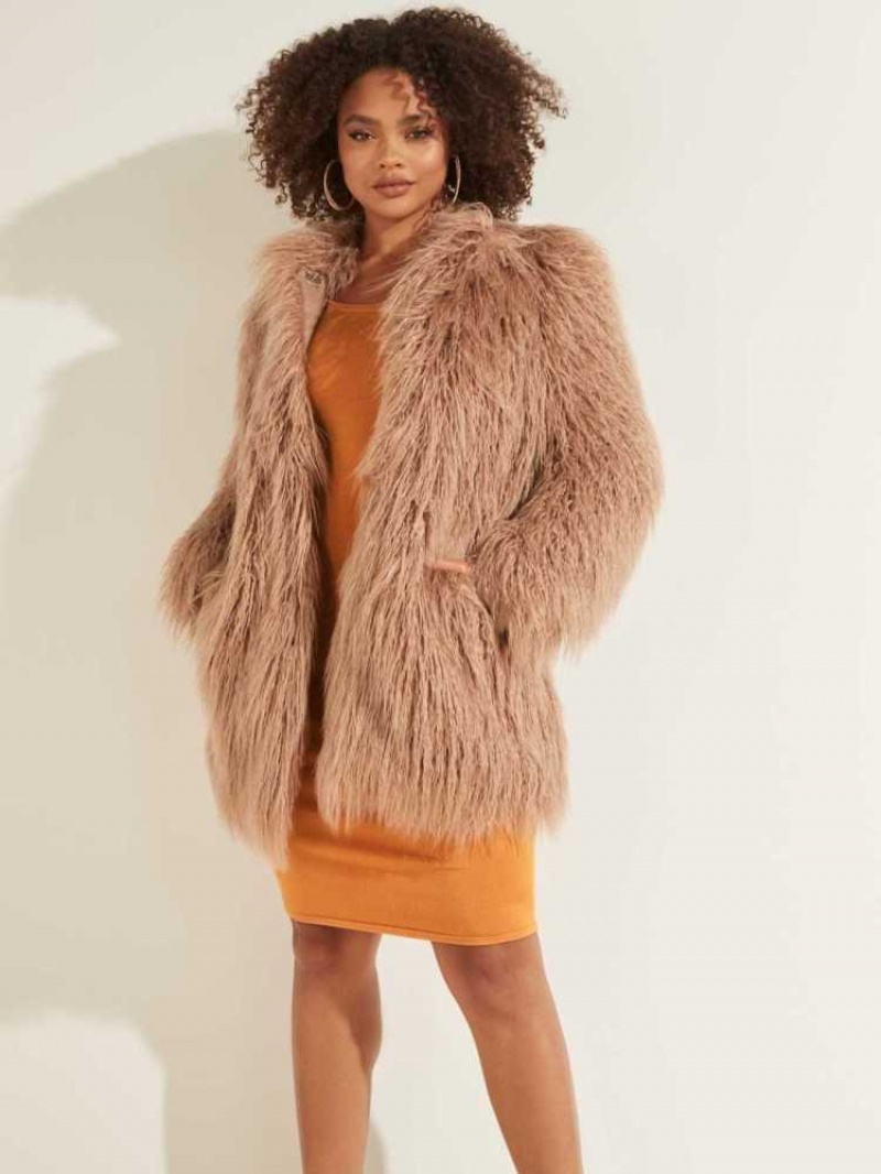 Manteaux Guess Maurizia Shaggy Faux-Fur Femme Cafe Clair | 93015-XQEU