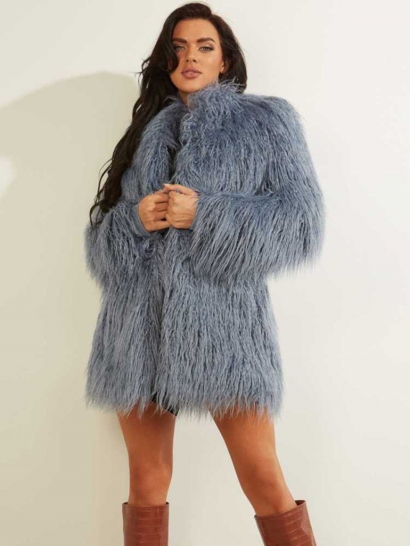 Manteaux Guess Maurizia Shaggy Faux-Fur Femme Bleu | 20146-BXCL