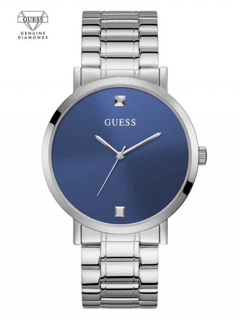 Montre Guess Silver-Tone And Blue Diamond Analog Homme Argent | 92340-DSYC