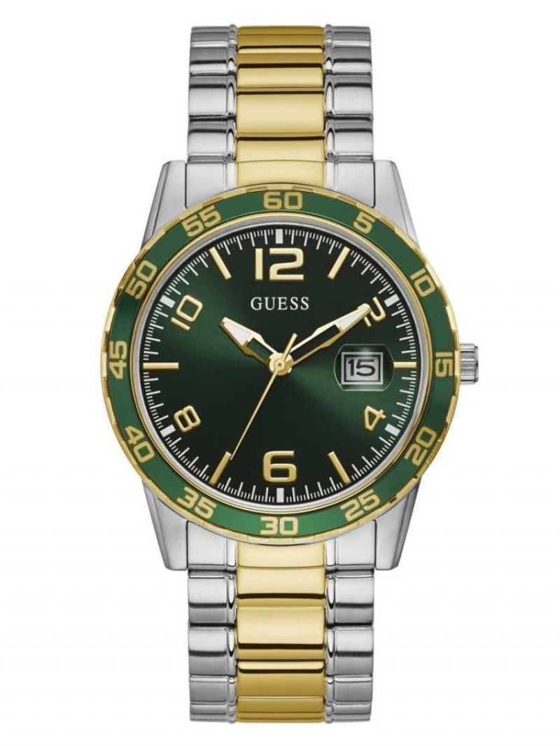 Montre Guess Two-Tone Metal And Green Dial Analog Homme Argent | 94708-FQGU