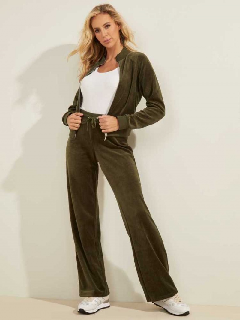 Pantalon Guess Velour Logo Femme Vert | 71346-JQCB